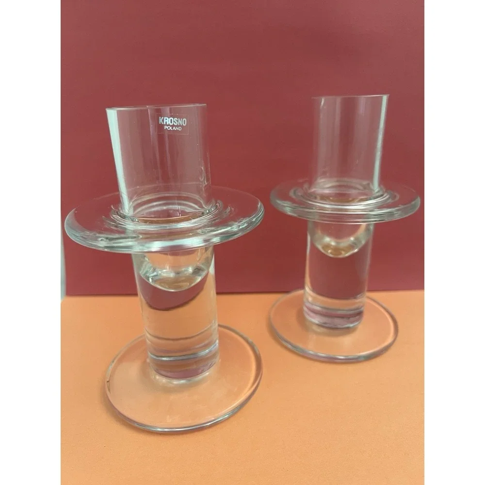 Vintage Krosno Glass Candle Holders Poland 2 Candle Stick Clear Tall Deco